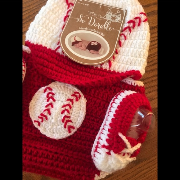 3 Piece Baseball Adorable Hand Crocheted Baby Set - Picture 5 of 7